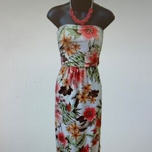 Vibe Strapless Floral Dress - Red, Green, Orange